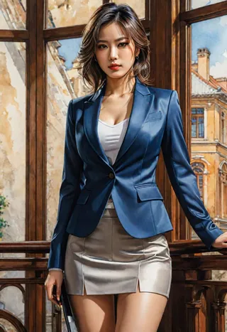 Portrait of a woman in a blue satin blazer and beige miniskirt standing by a large arched window with a staircase background, rendered in a photorealistic manga art style.