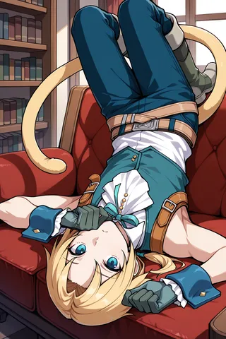 A blonde-haired boy with blue eyes, wearing a blue vest and white shirt, lying upside down on a red couch indoors, with a prehensile tail, in a lounge with bookshelf background.