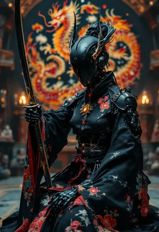 A black cyberpunk robot dressed in an intricately embroidered hakata robe with fiery phoenix and eastern dragon designs, holding a katana in a spaceship interior setting.