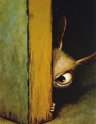 A whimsical creature with large curious eyes peeking from behind a vertical canvas, its furry head and long ears visible against a dark background, illustrated in grimmold style.