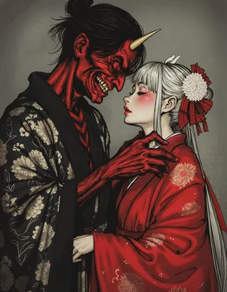 A detailed illustration of a red-skinned Aka-Oni with straight horns and a black floral kimono intimately close to a white-haired woman in a red kimono adorned with chrysanthemums.