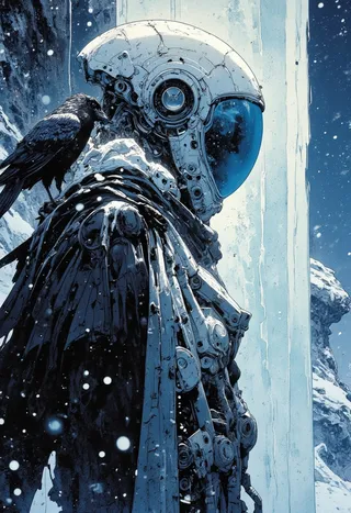 Mysterious astronaut in detailed white helmet and dark raven-black cape standing on a snow-covered cliff with a large frosted black raven perched on their shoulder, amidst a swirling snowy frozen alien landscape with blue-tinged visor glow.