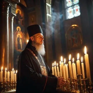 Orthodox priest dressed in traditional black robes lighting candles inside a grand Russian orthodox cathedral with dramatic lighting and smoke.