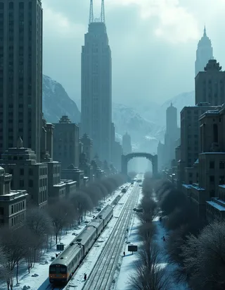 Snow-covered dystopian city in a mountainous region with tall authoritarian-style skyscrapers, high speed trains on snowy tracks, tree-lined avenues, and a cloudy winter sky.