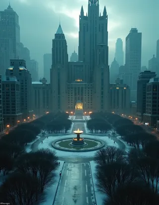 A nighttime aerial view of a dystopian city in a mountainous region featuring tall authoritarian-style concrete skyscrapers, a central park with a lit fountain covered in snow, and tree-lined avenues under a cloudy sky.