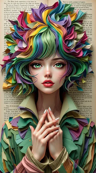 Hyperrealistic figure of an anime-style woman created from layered old book pages, featuring vibrant multicolored hair and detailed paper craft jacket.