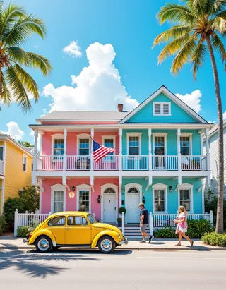 Colorful houses in Florida Key West with a yellow vintage car parked in front, palm trees, sunny blue sky, tourists in casual summer clothes, and an American flag waving.