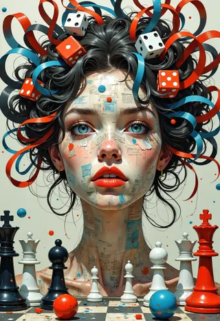 Surreal portrait of a woman with a mosaic-patterned face made of paper pieces, vibrant blue eyes, red lipstick, and hair adorned with swirling red and blue ribbons and dice, surrounded by chess pieces and colorful game elements.