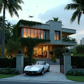 A modernist brutalist villa with cascading bougainvillea, tropical gardens, a white luxury car parked in the driveway, and surveillance drones over a city skyline.
