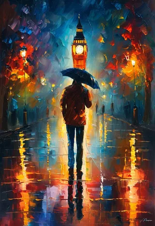 Colorful oil painting in Leonid Afremov style showing a lone figure with umbrella walking on a wet London street at night with Big Ben illuminated in the background and glowing streetlights reflecting on the wet pavement.