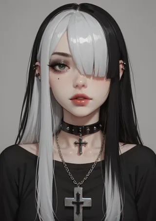 Portrait of a goth girl with long black and white two-tone hair, black eyes, wearing a studded black choker with a cross pendant and a large cross necklace, against a simple grey background.