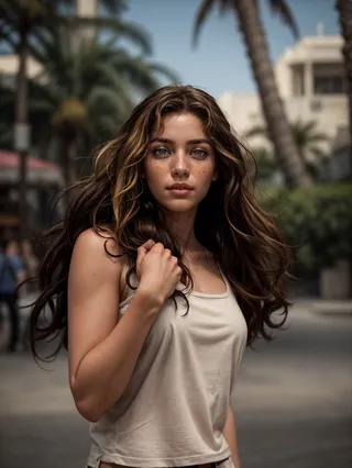 A highly detailed, photorealistic portrait of a young woman with curly brown hair standing outdoors in dappled sunlight, wearing a white tank top, with palm trees and buildings blurred in the background.