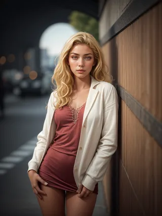 Photorealistic portrait of a blonde woman with curly hair wearing makeup, a white jacket over a mauve dress, standing against a wooden wall with an urban background.