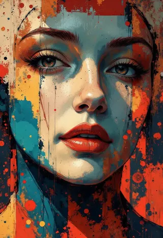 Colorful hyperrealistic portrait of a woman's face with abstract and eccentric paint splatters in modernist style.