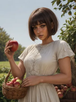 A photorealistic portrait of a medieval commoner girl with short brown hair holding a basket full of apples in an outdoor orchard.