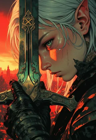 Close-up of a grief-stricken elven warrior with emerald-green eyes and silver hair, clutching a broken ornate sword against her forehead under dramatic sunset light.