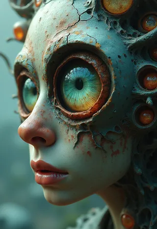 Close-up surreal portrait of a woman with a massive, detailed eye emerging from her cracked and weathered skin, rendered in photorealistic style with soft lighting and vibrant colors.