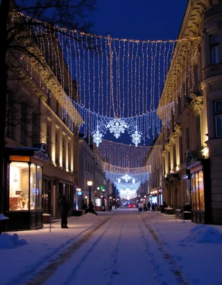 Nighttime winter street in Saint Petersburg decorated with strings of golden and icy blue holiday lights, snow-covered pathway, and illuminated historic buildings.