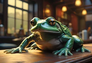 Highly detailed, realistic frog sitting on a wooden table inside a warmly lit room with cinematic golden hour lighting and soft volumetric dust.