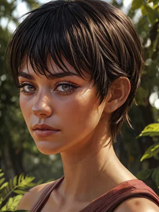 Photorealistic close-up portrait of a woman with short dark hair, natural lighting, and detailed skin texture, set outdoors with foliage background.