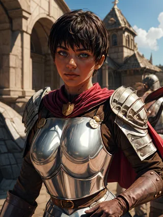 Photorealistic portrait of Casca wearing shining silver breastplate armor with brown gloves and a red cape, standing in front of medieval stone architecture.