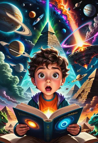 Cartoon style illustration of a science kid with a surprised face reading a book, surrounded by pyramids, planets, dinosaurs, and colorful cosmic elements.
