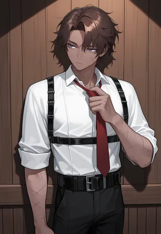 Dark-skinned man with scars on face, arm, and hand stands indoors against a wooden wall, adjusting a red necktie while wearing a white shirt, black chest harness, and black pants.