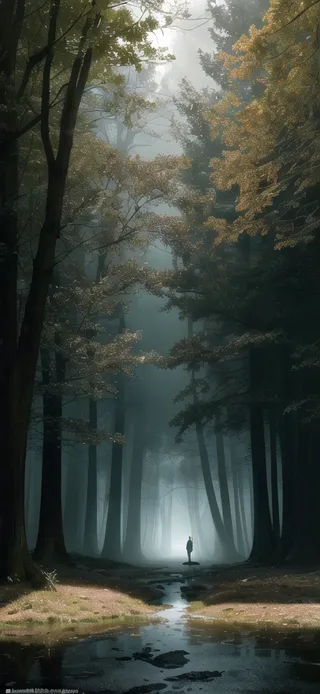 A tall, mist-filled forest with sunlight filtering through dense trees, a small reflective stream on the ground, and a solitary figure standing in the distance.