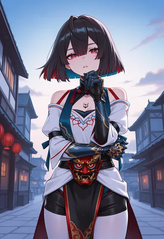 Anime girl with short black hair with red and blue inner layers, red eyes, wearing Chinese-style clothes with a white off-shoulder shirt and black gloves, holding her chin outdoors in a traditional town setting with blue sky and clouds, featuring a red oni mask on her waist.