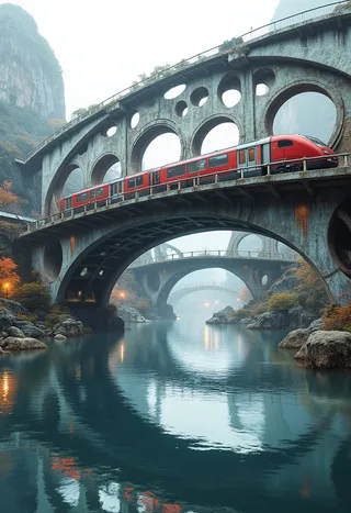 Un treno proiettile rosso che attraversa un grande ponte ad arco metallico lucido sostenuto da pilastri ad anello, con l'acqua sottostante che riflette la struttura e il treno.