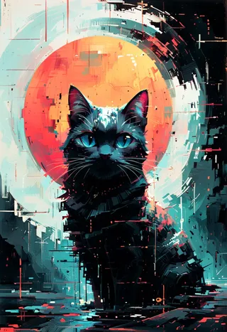 A digital painting of an abstract cat with bright blue eyes, set against a dynamic, colorful, and swirling background in comicbookpage style.