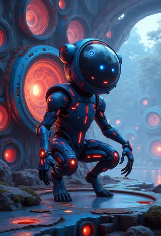 A futuristic creature with a black faceless head and glowing blue eyes, kneeling on a circular platform surrounded by vibrant neon red and blue elements in a cosmic and natural setting.