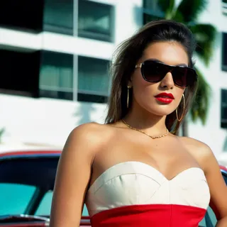 Latina woman wearing black sunglasses and a red dress standing confidently in front of a red 1980s sports car on a sunny day in Miami