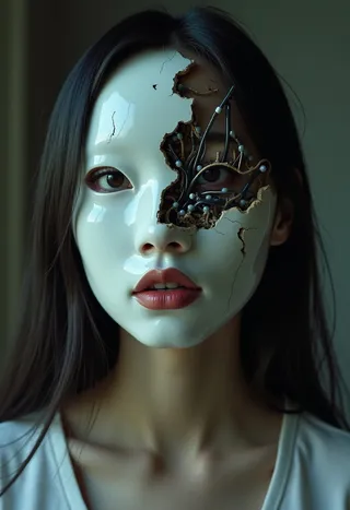 Close-up of an Asian woman wearing a fractured white porcelain mask revealing intricate exposed wires and technological elements beneath under dim interior lighting.