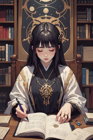 A detailed illustration of an Asian woman dressed in dark scholar robes with intricate gold embroidery, sitting at a desk surrounded by magical texts, scrolls, and books, deeply focused on writing and studying ancient magic under filtered light.