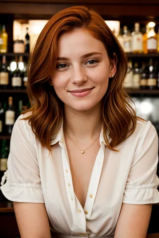 Close-up of a 20-year-old French woman with ginger hair and a seductive smile wearing a white blouse sitting at a bar with bottles in the background under cinematic lighting.