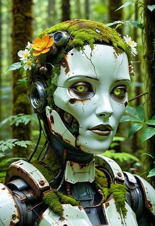 Hyper-realistic half-body android with cracked and rusted metal face covered in lush moss and wild flowers, set against a blurred forest background.