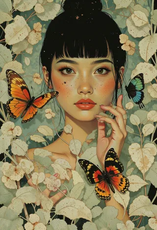 Close-up digital illustration of a woman with fair skin and black hair surrounded by white leaves and colorful butterflies.