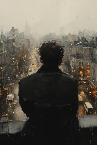 A man in a dark coat resting on the edge of a rooftop, looking down over a sprawling cityscape under a hazy sky at dusk.