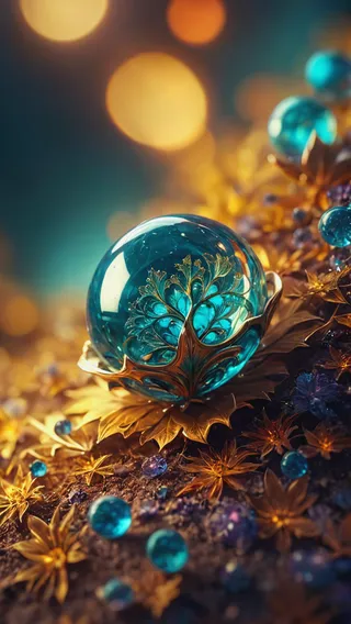 A macro photograph showing a blue glass sphere with intricate fractal patterns inside, set on golden leaves and surrounded by smaller blue spheres and golden plant elements, with a colorful bokeh background.