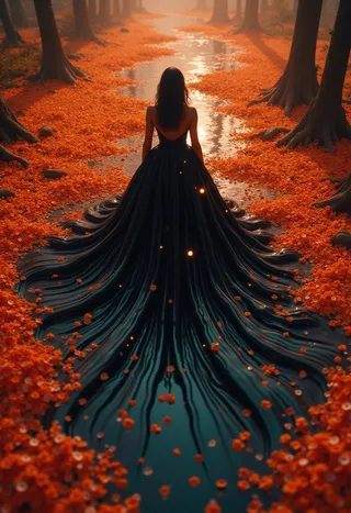 A woman in a flowing black bridal gown stands in a forest stream surrounded by vibrant orange petals with fireflies glowing around her, evoking a magical, surreal fantasy scene.