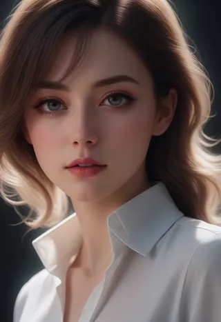 Ultra-realistic close-up portrait of a woman with soft natural light, wearing a white high collar shirt, showcasing photorealistic detail and chiaroscuro light.
