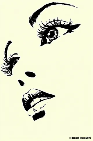 Close-up monochromatic digital drawing of a woman's face in profile, rendered in black ink with expressive eyes and full lips on an off-white background.