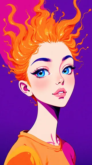 Minimalist headshot of a woman with vibrant orange, stylized hair set against a purple background, featuring sharp, angular facial features and bright blue eyes in anime style.