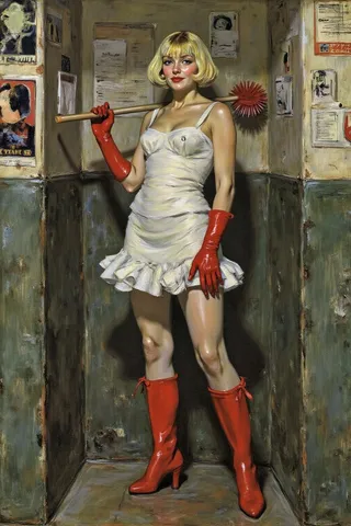 Slim Swedish woman with platinum blonde bob haircut wearing a white bandage mini dress paired with bright red rubber gloves and matching boots, holding a toilet brush in a small, worn restroom.