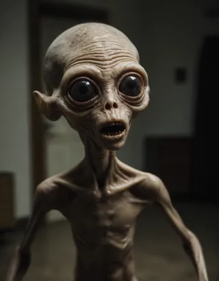 A deformed alien creature with large eyes and grotesque features under eerie lighting in a dark, shadowy environment creating a spine-chilling and unsettling presence.
