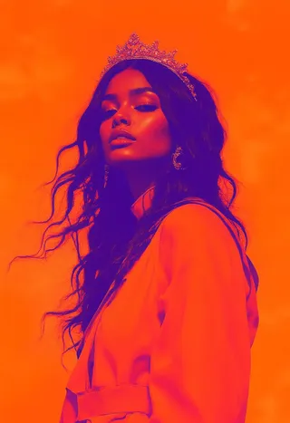 Duo tone graphic design portrait featuring a mature woman in a dynamic low angle pose, outlined in purple against a neon orange background, wearing a tiara and earrings.