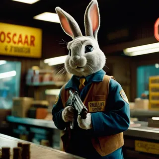 A cinematic still of a white rabbit dressed in a vest and tie holding a pistol inside a dimly lit gun smith shop, styled with Kodak Motion Picture Film aesthetic and moody bokeh lighting.
