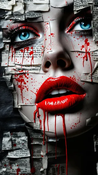 Close-up portrait of a woman's face layered with torn newspaper fragments, featuring bright blue eyes and vivid red lips dripping with paint.