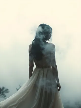 Silhouette of a woman with long hair in a flowing dress enveloped by soft fog against a bright white background, evoking a serene, dreamy atmosphere.
